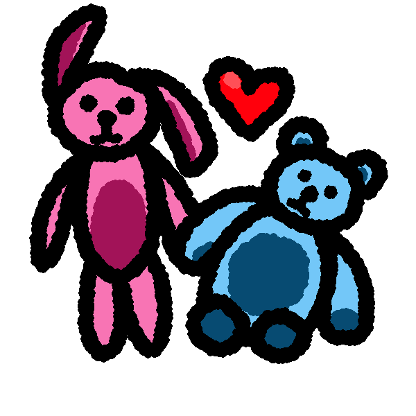 A pink bunny and a blue bear plushies with darker shades on their tummies, ears, and paws. The bunny is standing and the bear is sitting. There's a red heart with a shine reflective spot in between them.